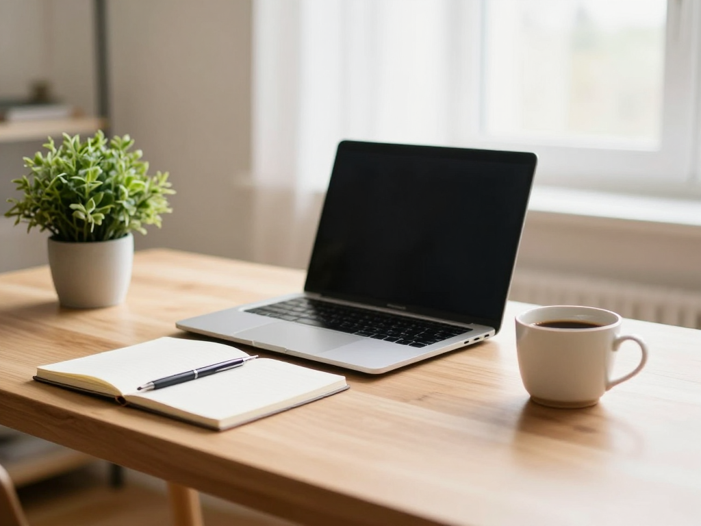 A tidy creative workspace with a laptop, notebook and design tools